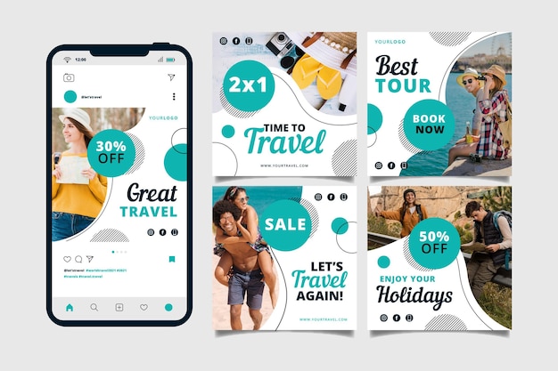 Vettore gratuito raccolta di post instagram di viaggio piatto