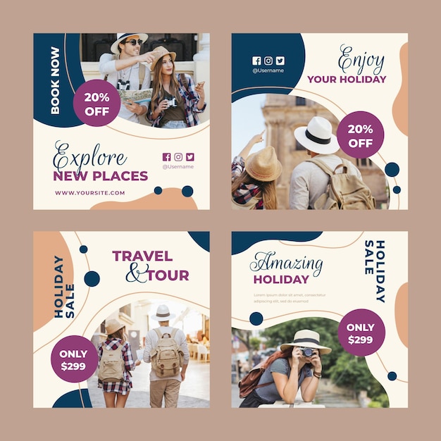 Free vector flat travel instagram post collection