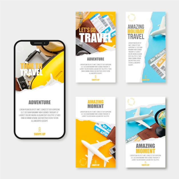 Free vector flat travel instagram story collection