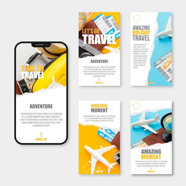 Vettore gratuito collezione di storie di instagram di viaggio piatto