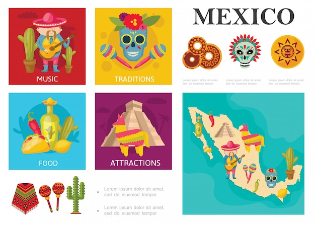 Flat Travel To Mexico concept with mexican traditional food famous sights music and culture traditions 