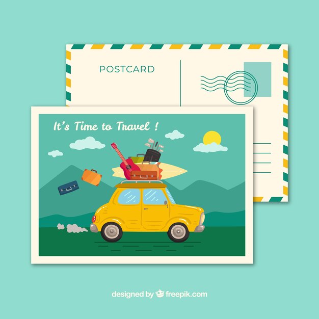 Flat travel postcard template with car