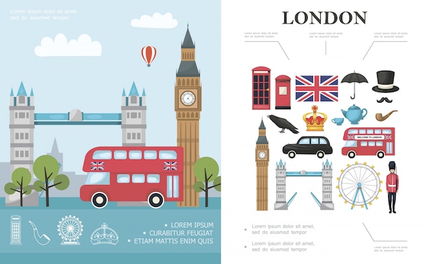 Композиция flat travel to london с автобусом big ben tower bridge, британской королевской гвардией и национальными элементами великобритании Бесплатные векторы