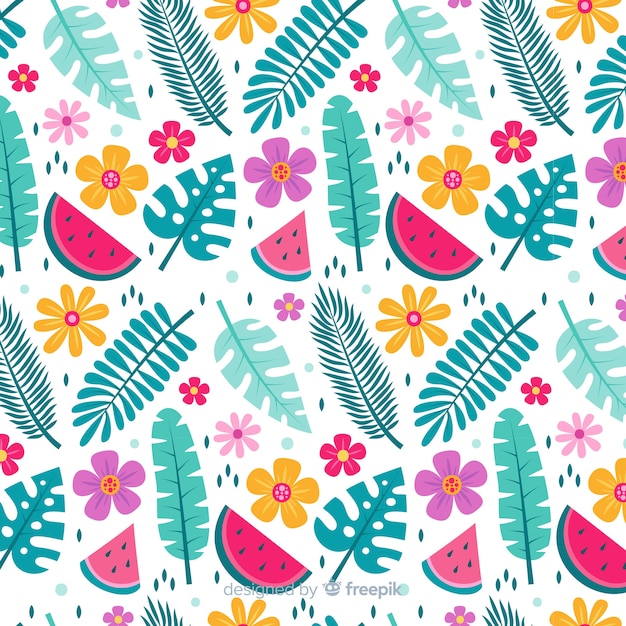 Free vector flat tropical flower and leaves pattern