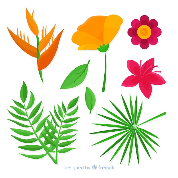 Бесплатное векторное изображение Плоские тропические цветы и листья