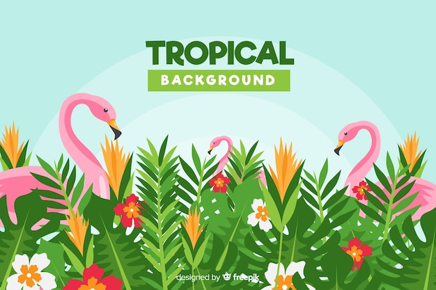 Flat tropical flowers and flamingos background