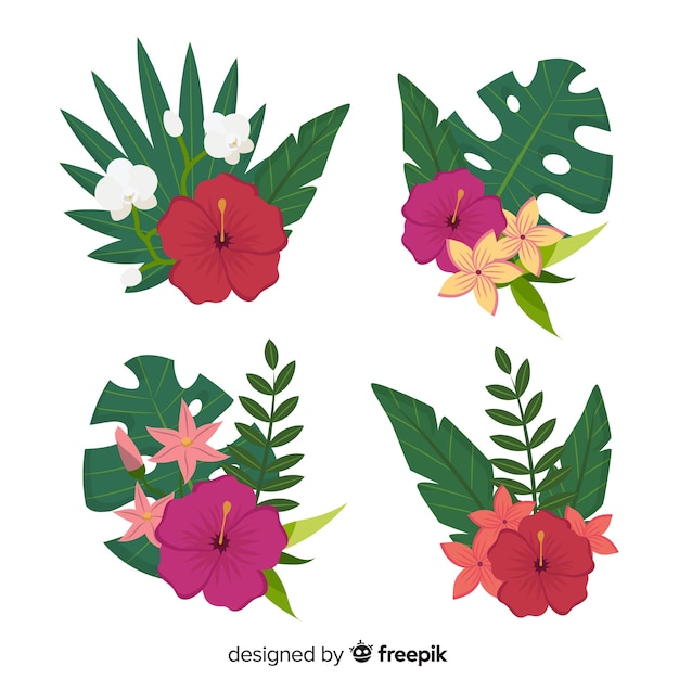 Free vector flat tropical flowers and leaves