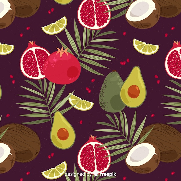 Free vector flat tropical fruits and palms pattern