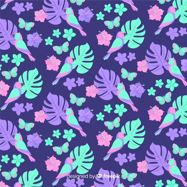 Flat tropical leaves and flowers background