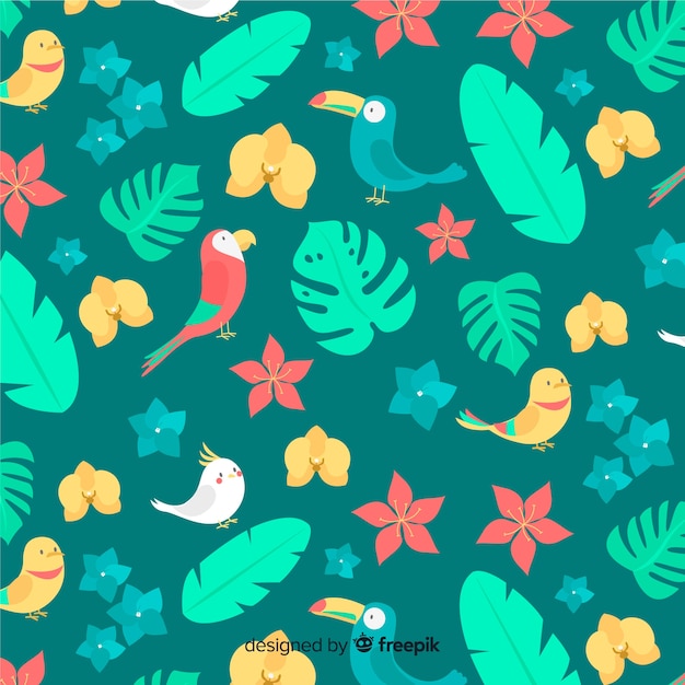 Flat tropical leaves and flowers background