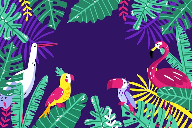 Free vector flat tropical summer background with vegetation and birds