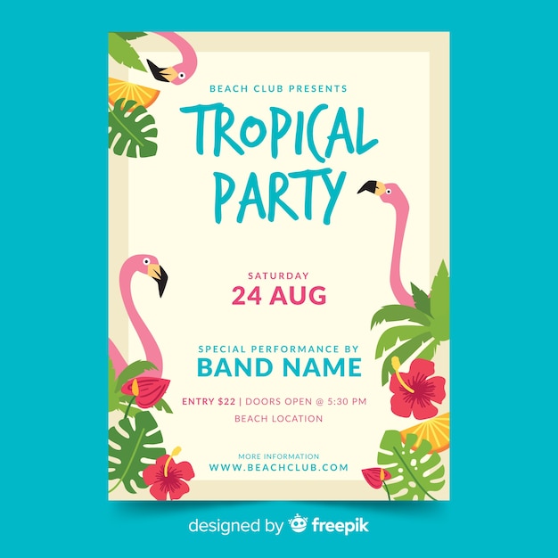 Free vector flat tropical summer party flyer