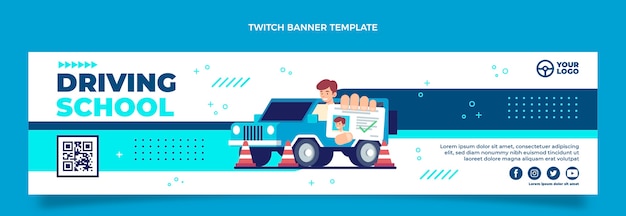 Free vector flat twitch banner for driving school