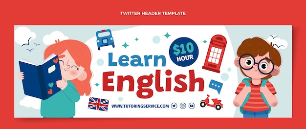 Flat twitter header for english learning lessons