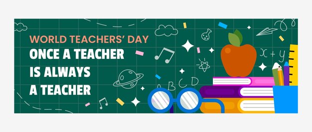Плоский шаблон заголовка Твиттера для празднования Всемирного дня учителя