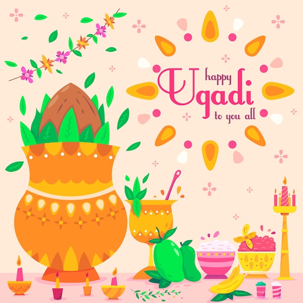 무료 벡터 플랫 ugadi 배경 개념