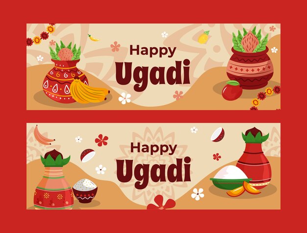 Flat ugadi horizontal banners pack