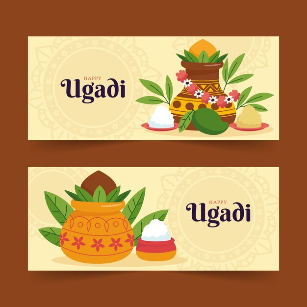 Flat ugadi horizontal banners set