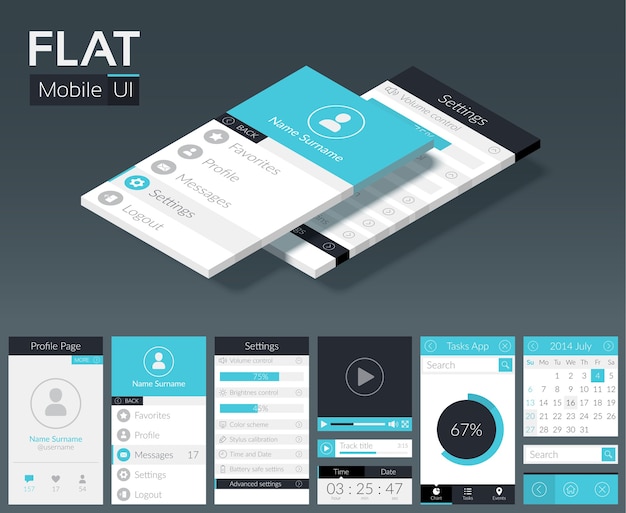 Flat ui mobile design template with different screens buttons and web elements in light colors