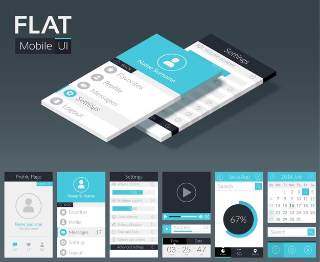 flat ui mobile design template with different screens buttons and web elements in light colors