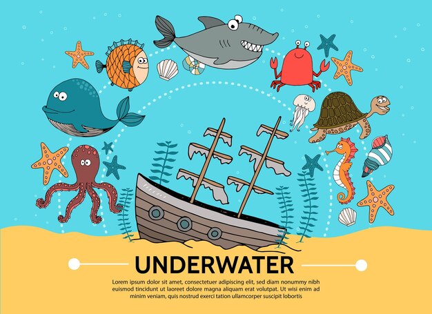 Flat underwater world concept with sunken ship whale octopus fish shark crab turtle starfish shell jellyfish