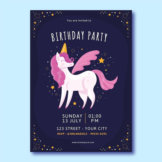 Flat unicorn birthday invitation
 template design