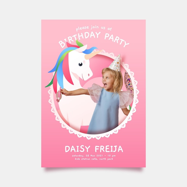 Free vector flat unicorn birthday invitation template with photo