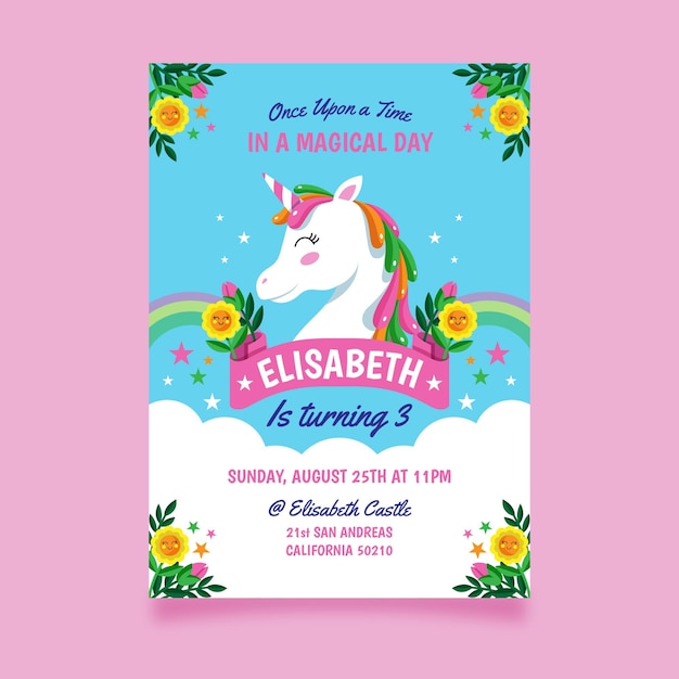 Flat unicorn birthday invitation template