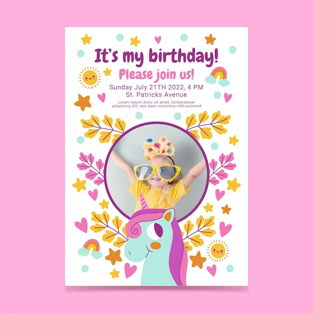 Free vector flat unicorn birthday invitation with photo