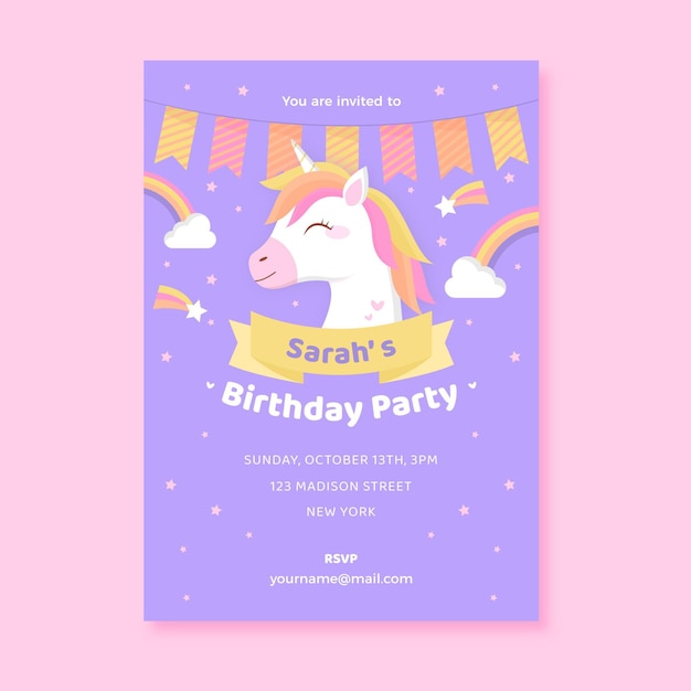 Vettore gratuito invito di compleanno unicorno piatto