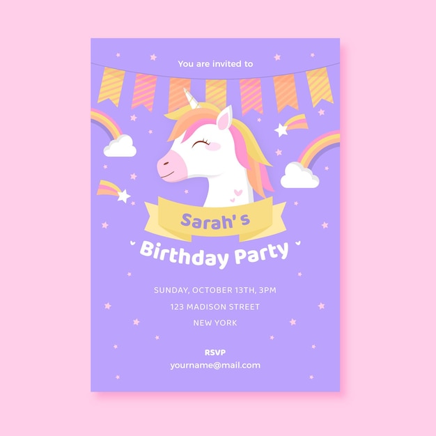 Flat unicorn birthday invitation