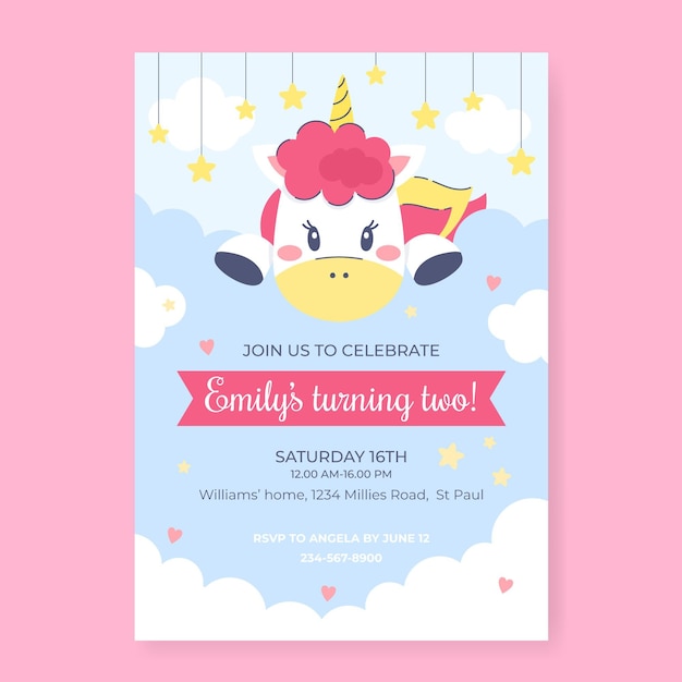 Flat unicorn birthday invitation