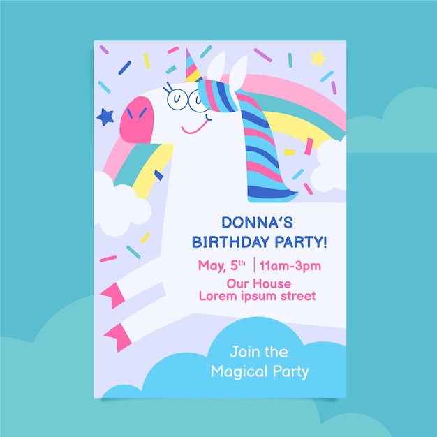 Free vector flat unicorn birthday invitation