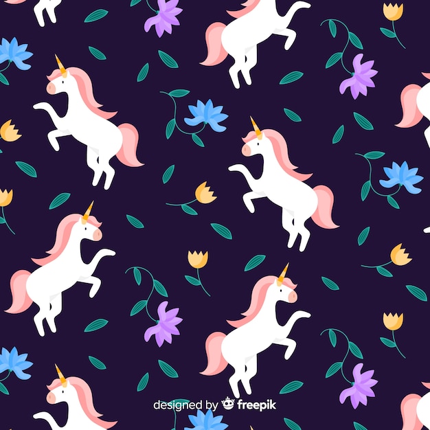 Flat unicorn floating with leaves pattern