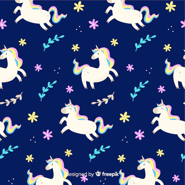 Flat unicorn floating with leaves pattern