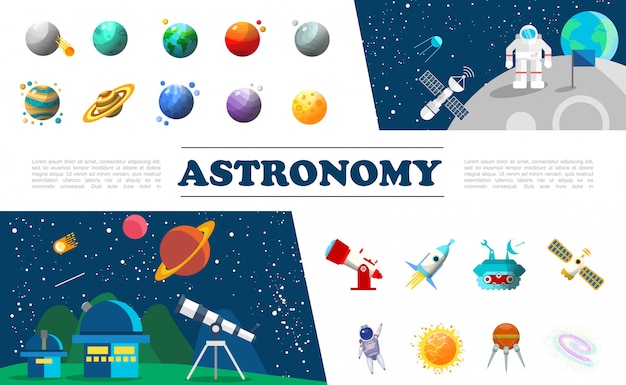 평면 우주 요소 다채로운 우주 공간 위성 행성 망원경 우주선 달 로버 태양 별자리에 다른 행성 우주 비행사 세트