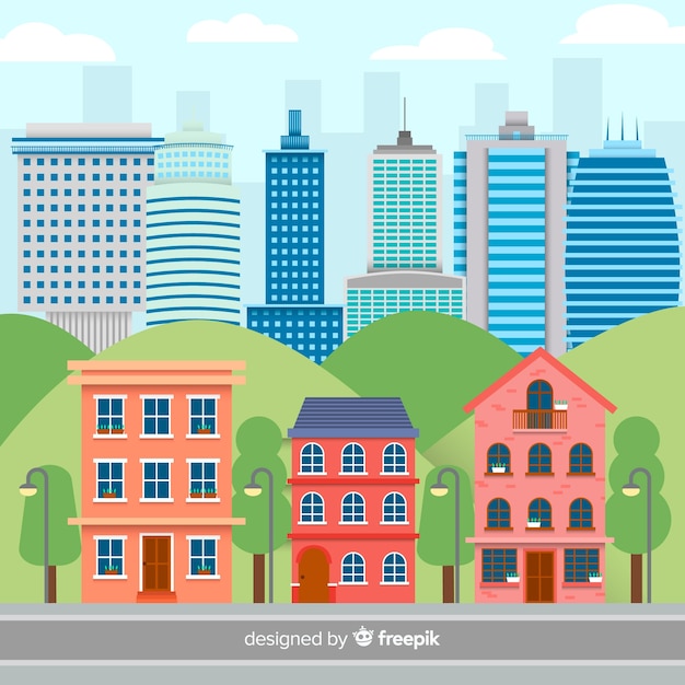 Бесплатное векторное изображение Плоский городской пейзаж с офисными зданиями