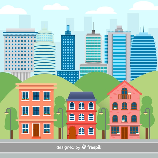 Free vector flat urban landscape with office buildings