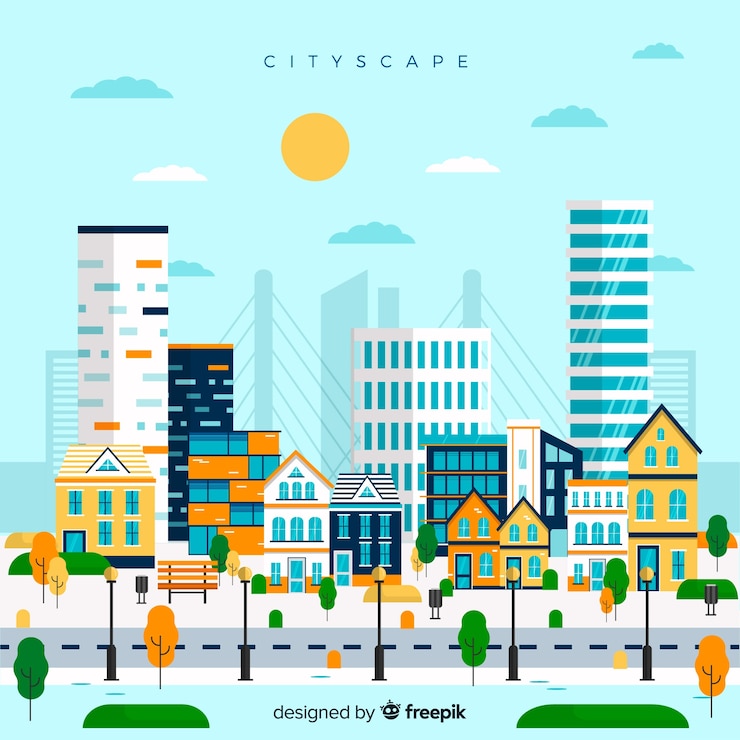 免費 Vector 有辦公樓的平坦城市風景