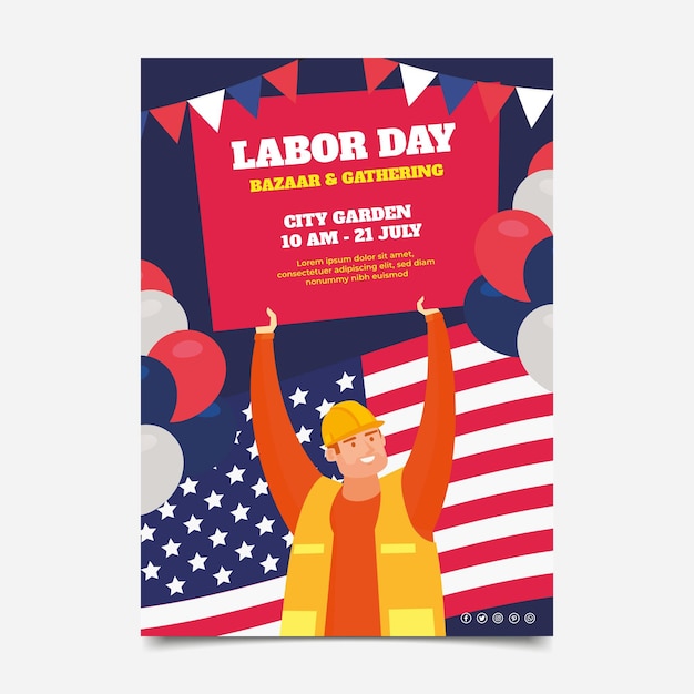 Free vector flat usa labor day vertical flyer template