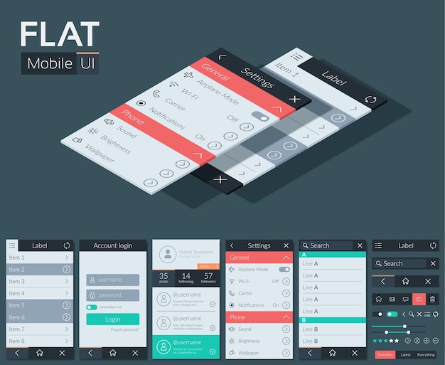 Free vector flat user interface mobile design concept with different screens buttons and web elements