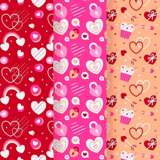 Vettore gratuito collezione di pattern di san valentino piatto