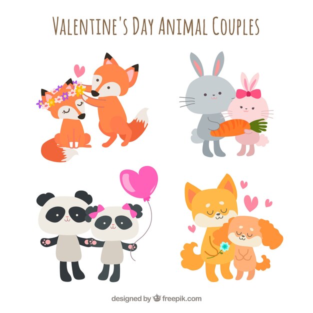 flat valentine's day animal couple collection