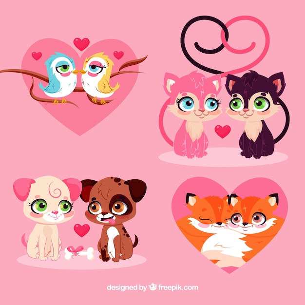 Flat valentine's day animal couples collection