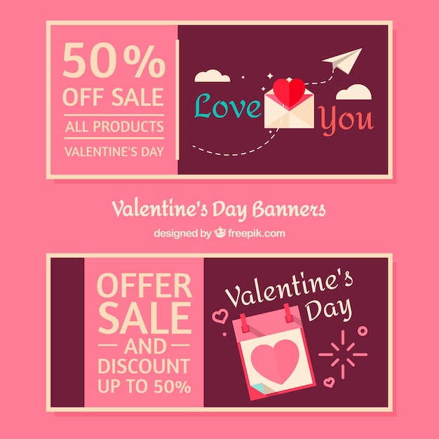 Flat valentine's day banners