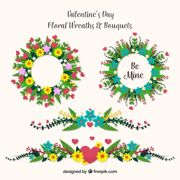 Flat valentine's day floral wreaths & bouquets