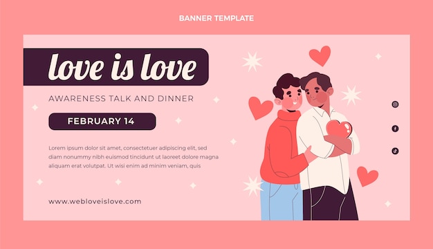 Flat valentine's day horizontal banner with gay couple