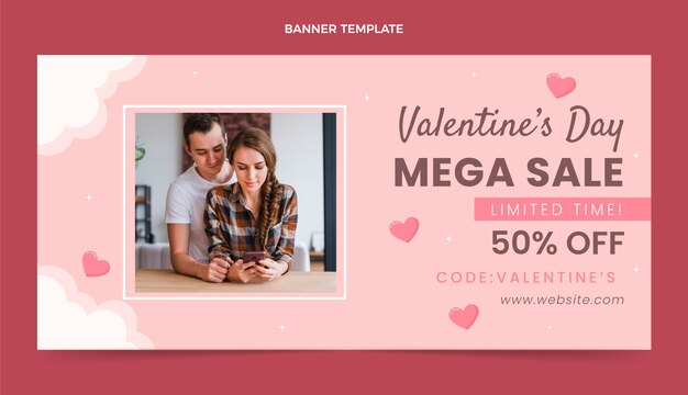 Vettore gratuito banner orizzontale piatto di san valentino