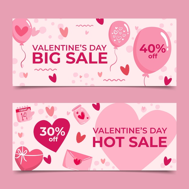 Flat valentine's day horizontal banners set