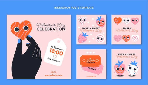 Vettore gratuito collezione di post instagram di san valentino piatto